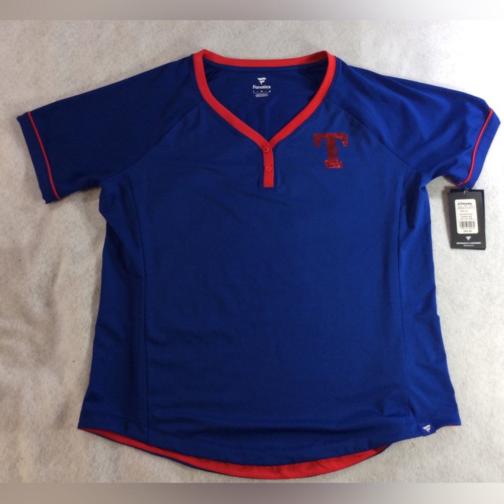 Fanatics Women Blue Short Sleeve Baseball Jersey with Red Trim SZ L